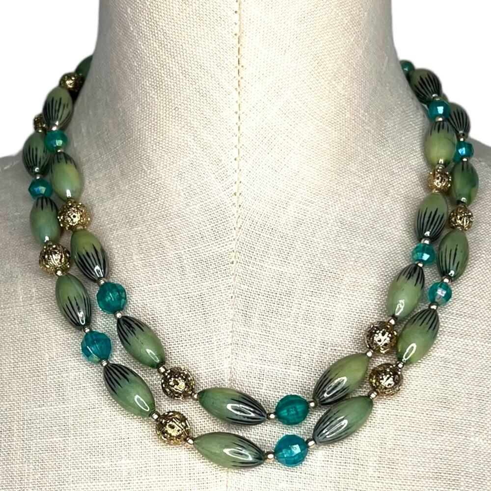 Vintage Green Beaded Layered 2 Strand Necklace 20.25”